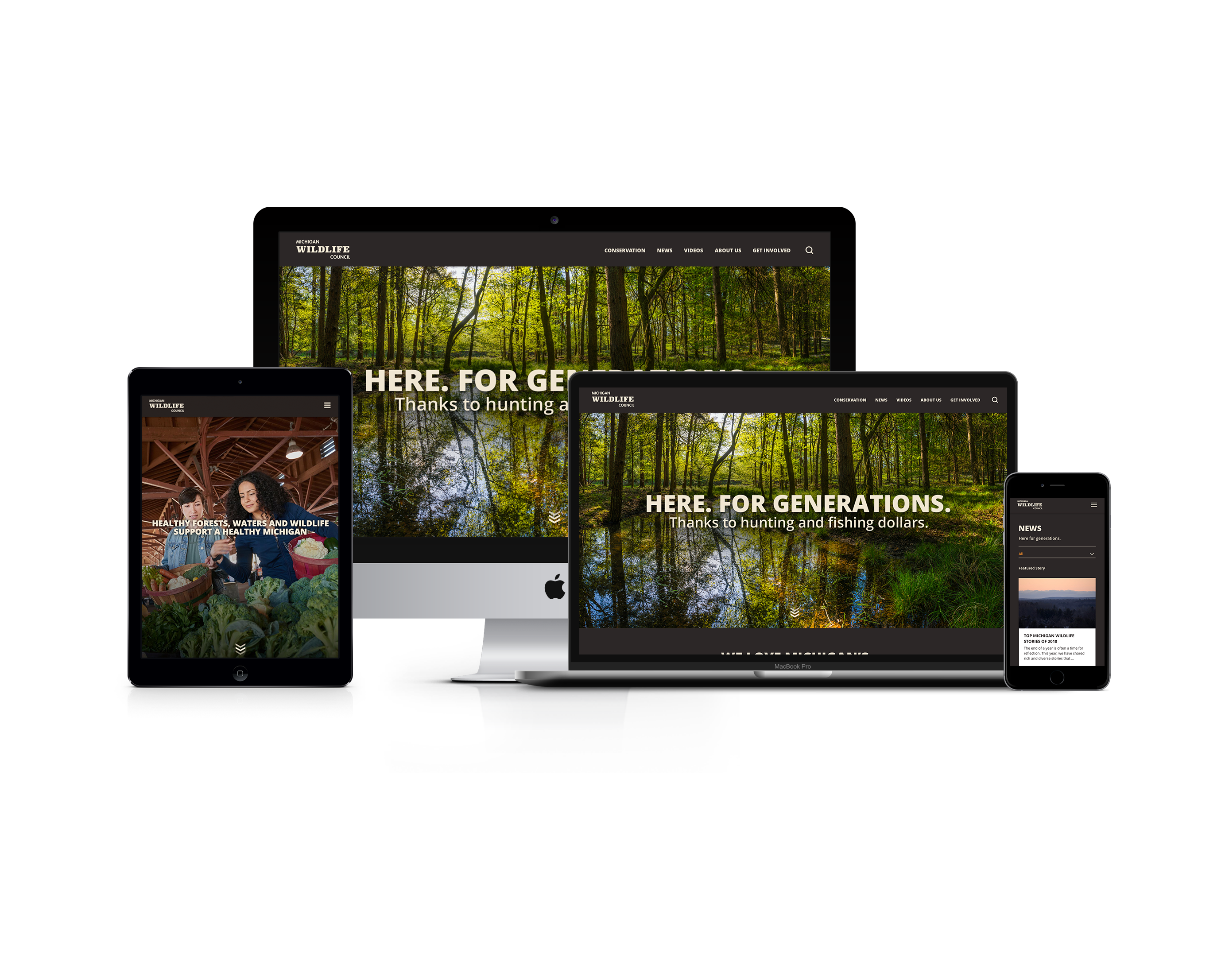 An image of the Michigan Wildlife Council website mocked up in a tablet, desktop, laptop and mobile photo.
