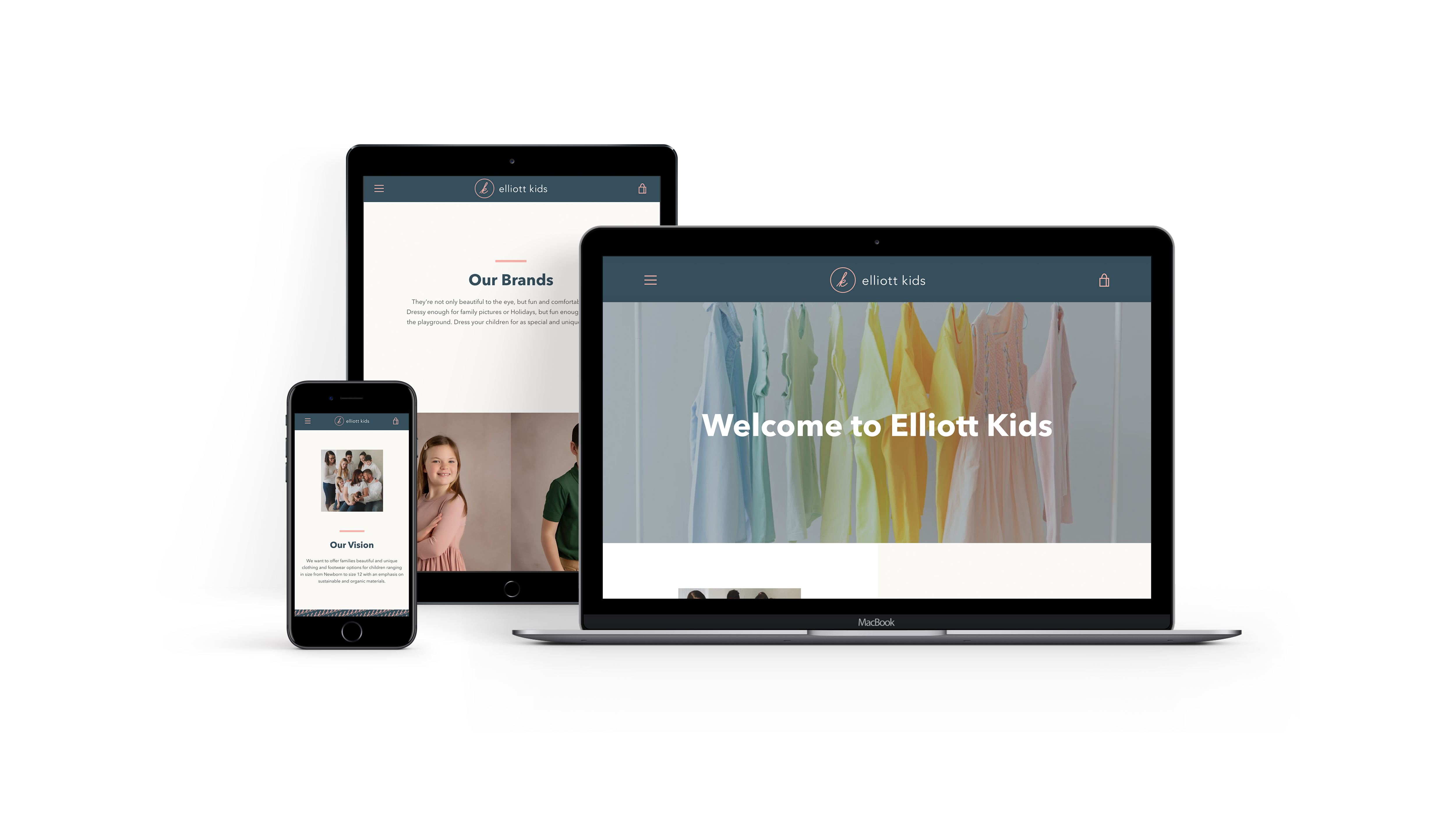 An image of Elliott Kids website mocked up in a mobile phone, tablet and laptop.