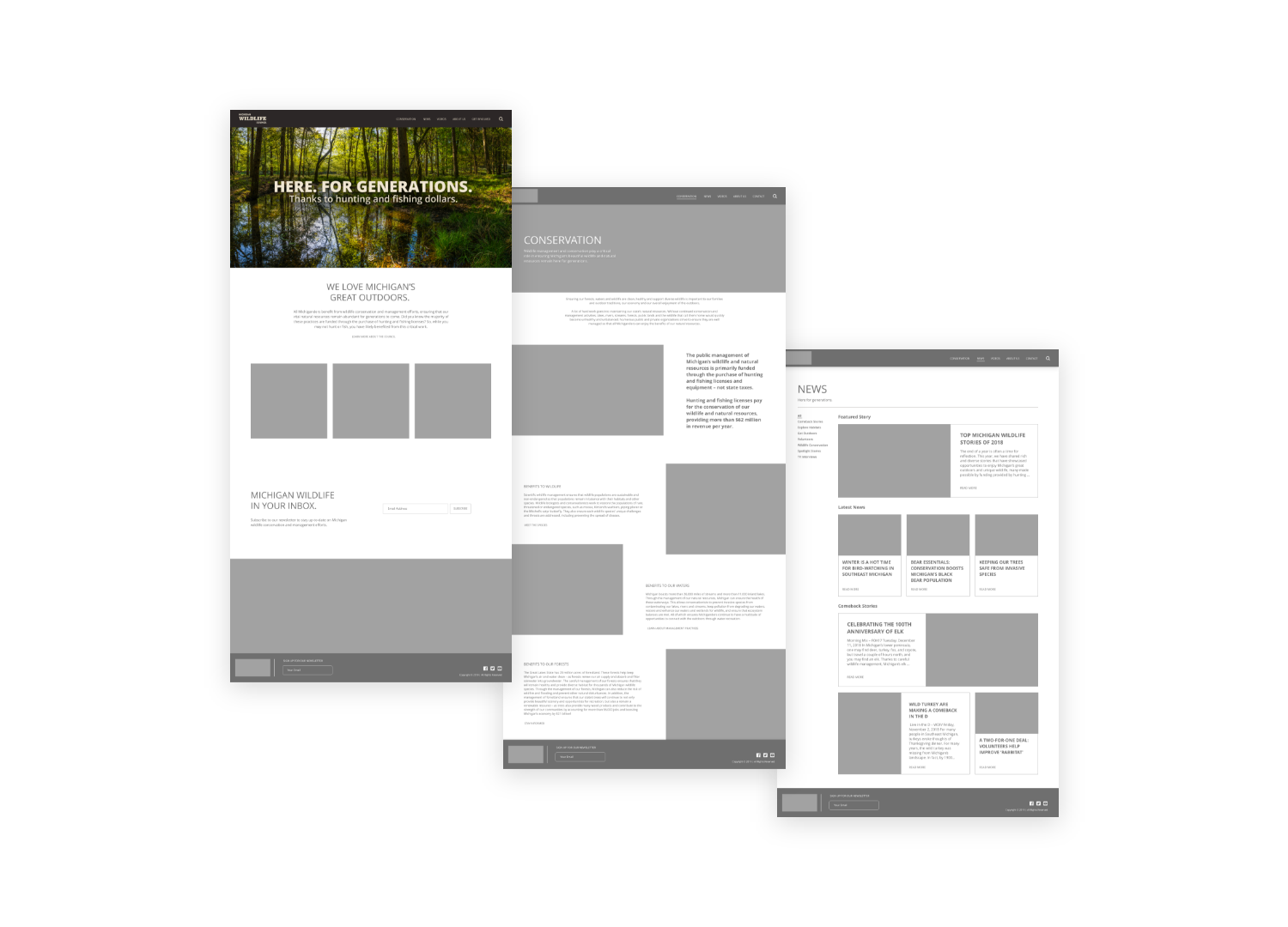 An image of Michigan Wildlife Council website wireframes. Each on uses gray squares on a white background in a modular grid to show the placement of content for the planning process.